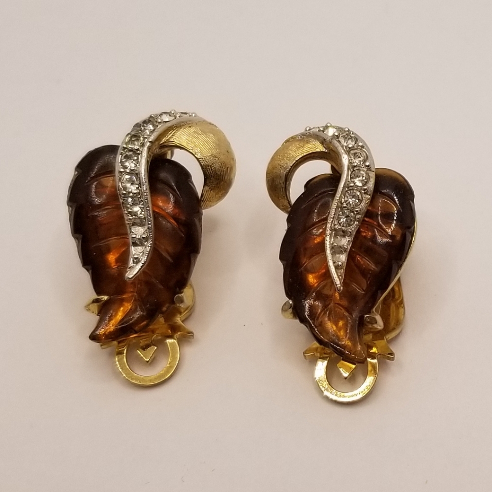 Vintage Marvella Amber Leaf Clip On Earrings